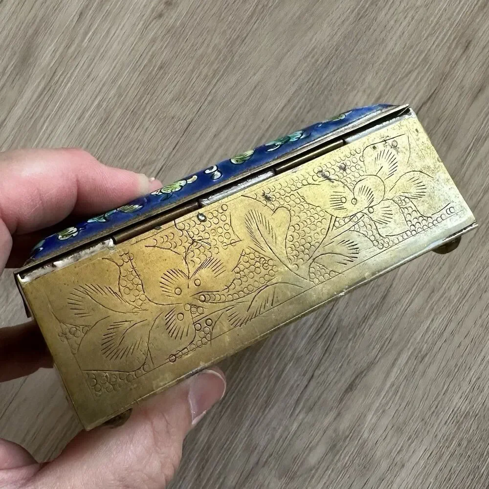Antique Rich Colorful Hand Painted Ceramic Tile & Brass Wood Lined Trinket Box